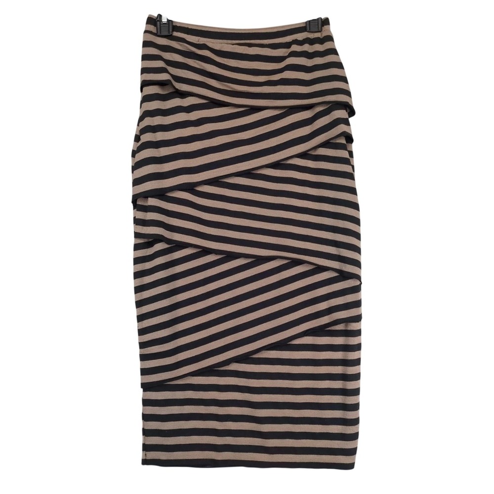 Young Threads Brown Black Striped Straight Midi Skirt Sz S Asymmetric Raw Hems
